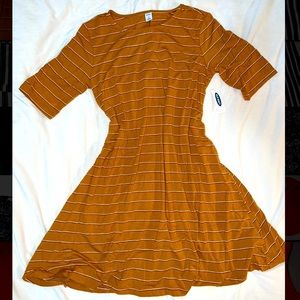 Mustard Striped Flared Short Sleeve Dress
